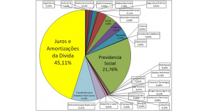 ２０１４年の政府支出。左側の黄色い部分４５・１１％「juros e amortizações da dívida pública」を直訳すると「債務の利息および償却費」だが、要するに「国債の利息」を意味すると掲載元サイト（www.auditoriacidada.org.br）にある