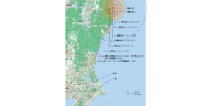 福島原発事故による危険な圏内を示した図（By HmanJp, CMG Lee and OpenStreetMap contributors, CC-BY-SA [CC BY-SA 3.0 (http://creativecommons.org/licenses/by-sa/3.0)], via Wikimedia Commons）