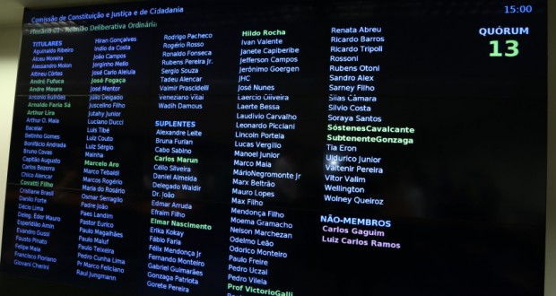 ２２日、１３人しかいなかった出席者を示す下院の電光掲示板（Lula Marques/Agência PT）