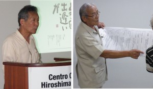 講演中の松村さんと家系図の説明をする村上さん（左から）