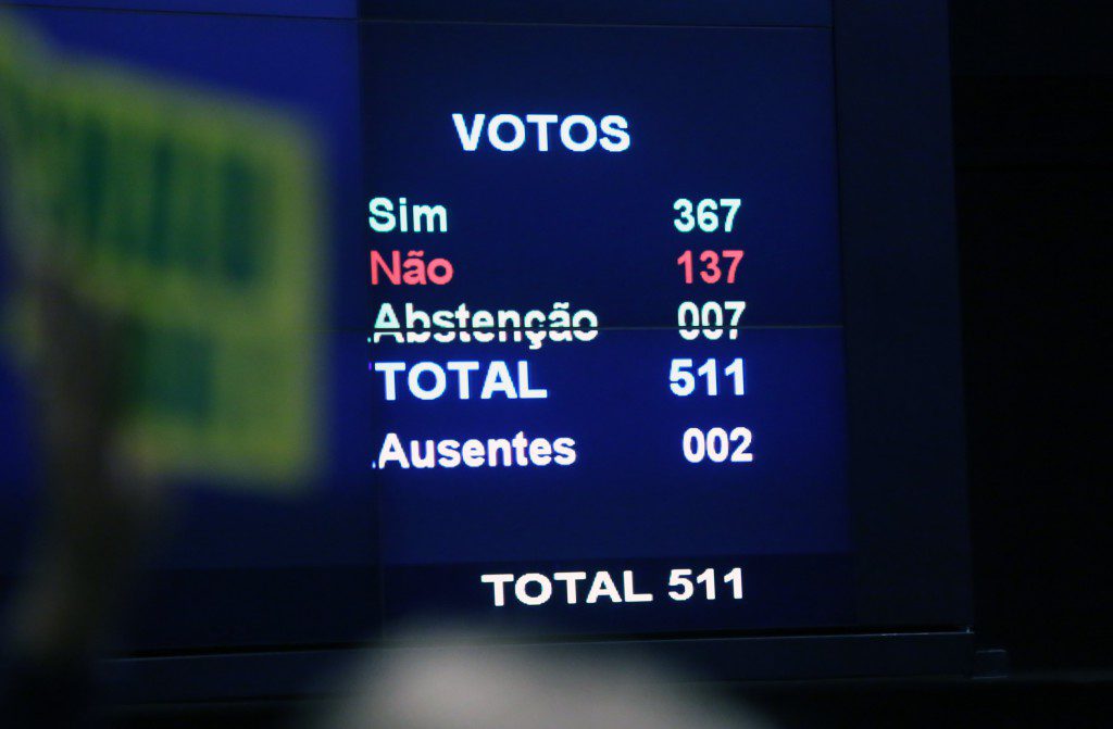 罷免請求に必要だった３４２票を大きく上回って、賛成に３６７票が入った。反対に１３７票、棄権が７票（Foto: Antonio Augusto/Camara dos Deputados）