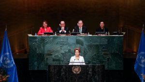 あわや国連で「私はゴウペ（クーデター）の被害者」と告発するかと思われたジウマ大統領の演説。実際は穏やかな表現に（Foto: Roberto Stuckert Filho/PR）