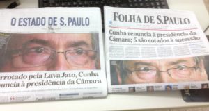 クーニャ議長の目を一面に大きく使ったサンパウロの二大新聞