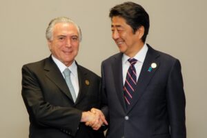 Ｇ２０杭州サミット時に最初の首脳会談をしたテメル大統領と安倍総理（Foto: Beto Barata/PR）