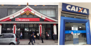 ７日から窓口業務を再開したブラデスコ（左）と一部の都市でストが継続しているＣａｉｘａ（右）