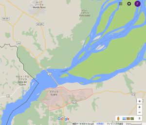 パラナ州北西端にあるグアイーラ周辺の地図。パラナ川の向こうは南麻州、そのすぐ南がパラグアイ（Google マップ/Google Earth）