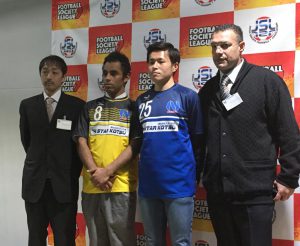 会見で意気込みを語った大泉の（左から）菊田さん、ブルーノ、ＭＦ八木橋両選手、サンターナ監督