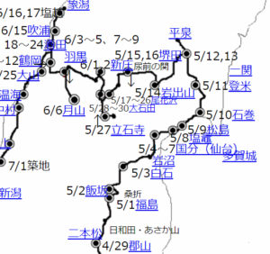 おくのほそみちのルート図。５月１１日の登米で一泊。この宿泊地は北上川の西岸で、千葉家は東岸に渡って２キロのほどの東和町にある。翌１２日には北に３３キロ離れた一関で宿泊している史実と合わせると、千葉家に寄ったとは考えづらい。しかも「十泊」であればなおさらだ