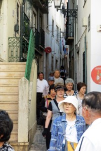 アルファマの狭い街路をいく故郷巡り一行