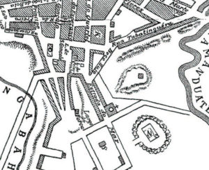 １８１０年のサンパウロ市セー地区の地図。Largo da Forcaが今のリベルダーデ広場、その下のＳとあるのが墓地。その上のpelourinhoが今の９月７日広場、その上が当時のセー教会。Estrada do Marが今のグロリア街
