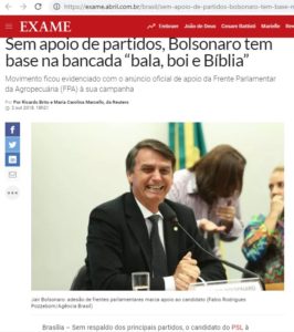 「ボルソナロには政党の支援がないが、Ｂａｎｃａｄａ ＢＢＢ（bala, boi e Bíblia＝弾丸、牛、聖書）を基盤とする」と報じるエザメ誌１０月２日号電子版