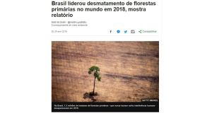 原生林伐採面積はブラジルがトップだったと報じた４月２５日付Ｇ１サイトの記事の一部