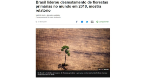 原生林伐採面積はブラジルがトップだったと報じた４月２５日付Ｇ１サイトの記事の一部