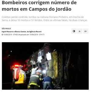 事故の様子を伝えるブラジルのニュースサイト（１０日付けＲ７より）