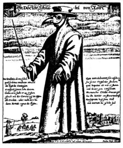 疫病を避けるためにガスマスクをしたペスト医者、パウル・フュルスト画、1656年（I. Columbina (draughtsman), Paul Fürst (copper engraver) / Public domain）