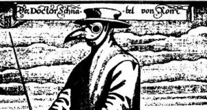 疫病を避けるためにガスマスクをしたペスト医者、パウル・フュルスト画、1656年（I. Columbina (draughtsman), Paul Fürst (copper engraver) / Public domain）
