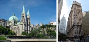 左：サンパウロ市の中心地であるセー大聖堂；右：奥が旧サンパウロ州立銀行ビル、その右がマルチネリ・ビル