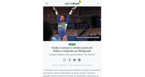 ナディア・コマネチがレベッカに祝辞を贈ったと報じる７月２９日付アジェンシア・ブラジルの記事の一部